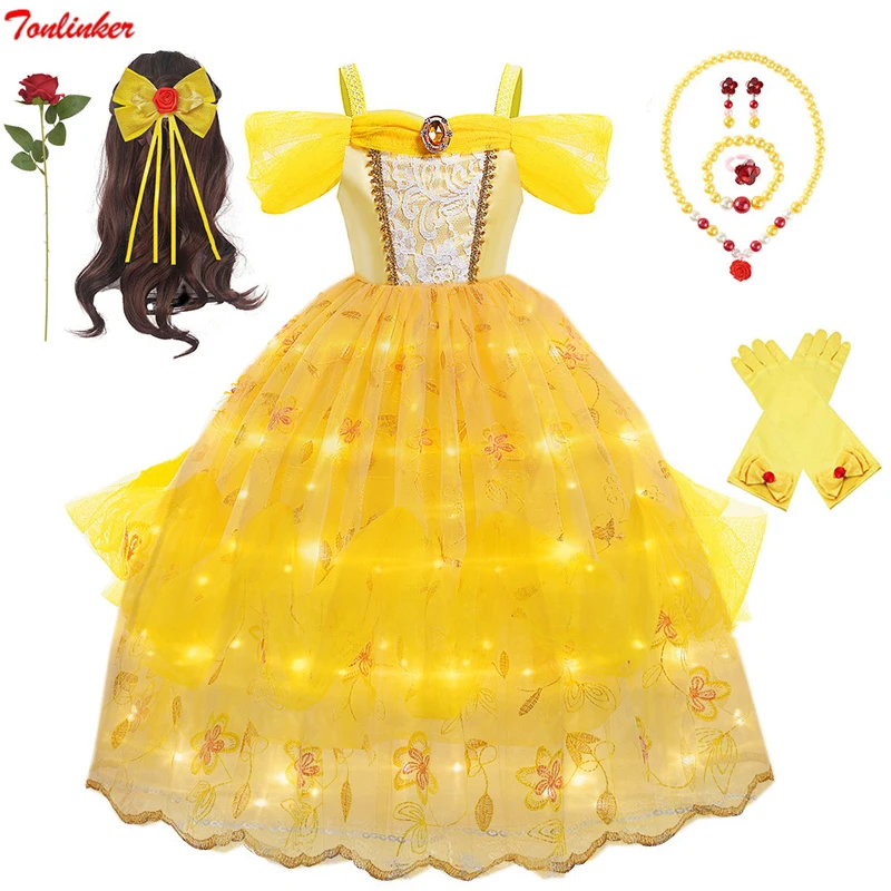 Meisjes Prinses Belle Verkleed Kostuum Fancy Led Lights Jurk Childs Outfit Verjaardagsfeest Kerst Carnaval Avondjurken