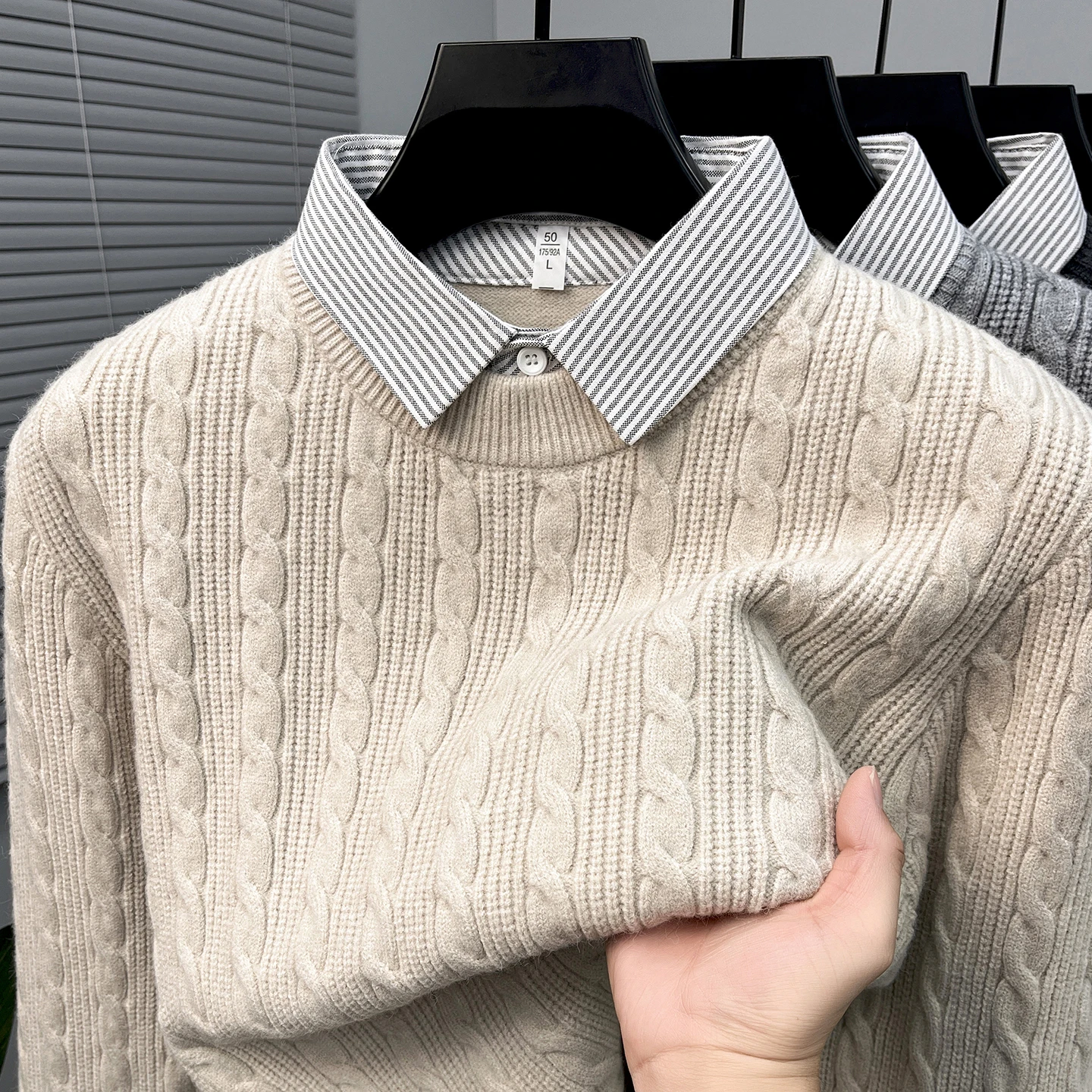 High Quality wool knitted pullover fashion fake two-piece striped shirt collar men's new jacquard thicken warm comfort sweater