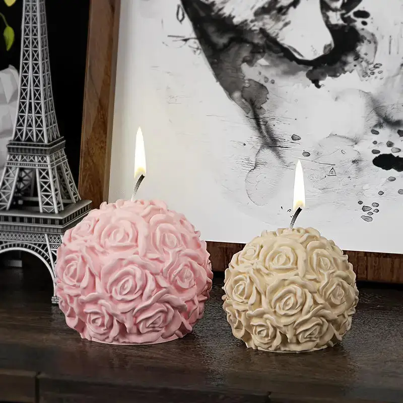 3D Rose Ball Candle Resin Silicone Mold Valentine's Day Silica Gel Mold Arrange The Table Creative Elegant Flower Candle Holder