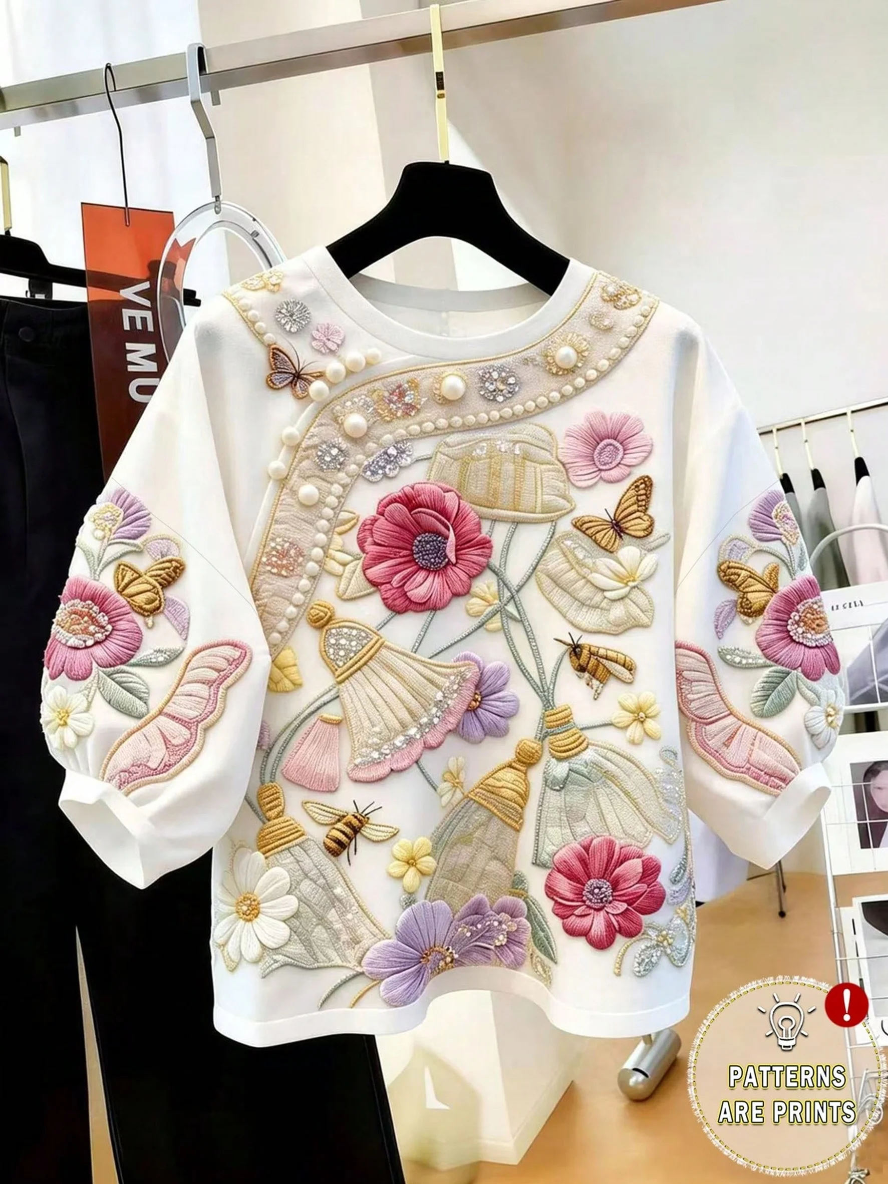 Haut à col rond pour femme, imprimé numérique 2D, style ethnique, imprimé floral rétro, manches bouffantes, style estival, imprimé à motifs décoratifs, manches longues, coupe ample, design à épaules tombantes, haut pour femme rajeunissant