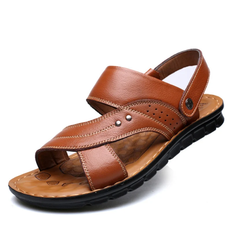 Summer Men\'s Leather Sandals Outdoor Non-slip Men\'s Beach Sandals Handmade Leather Men\'s Shoes Fashion Men Flip-flops