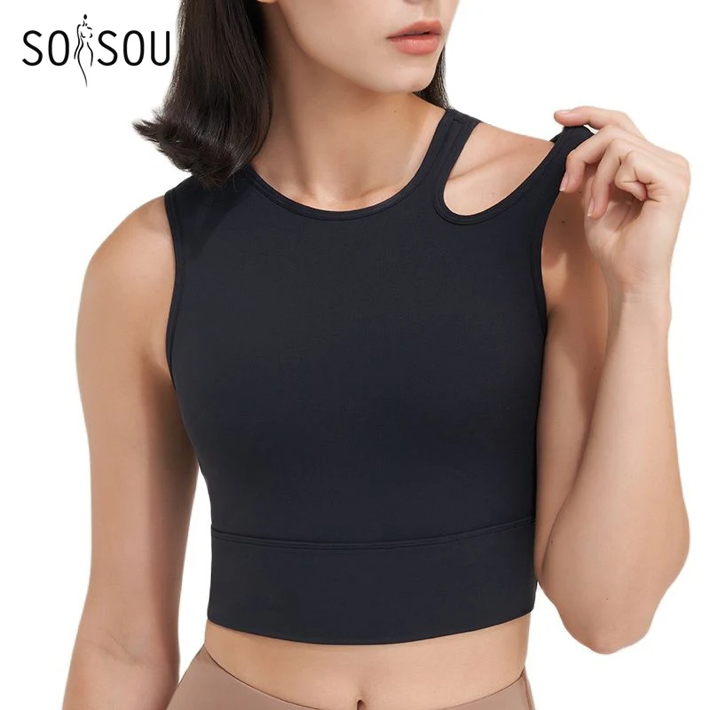 SOISOU Lycra Top Women Bra Sports Vest Gym Yoga Crop Tops Women Elastic Breathable Chest Pad Removable Sexy Shoulders