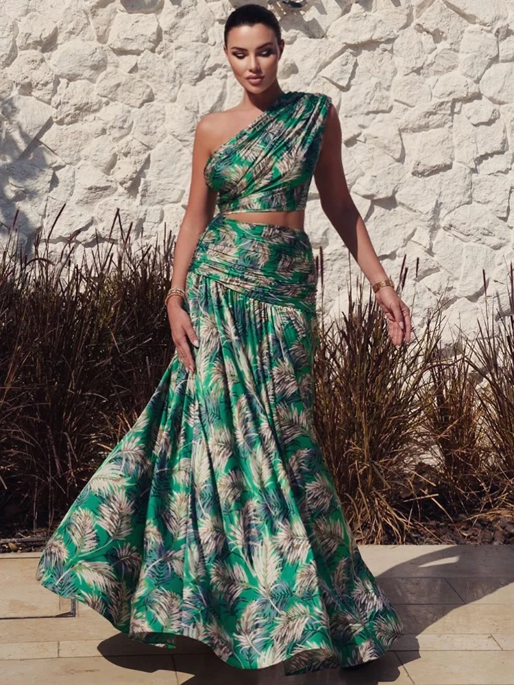 

Women's Two Piece Set Tropical Print One - Shoulder Crop Top & Maxi Skirt Set Beach Vacations Summer Parties ClubWear