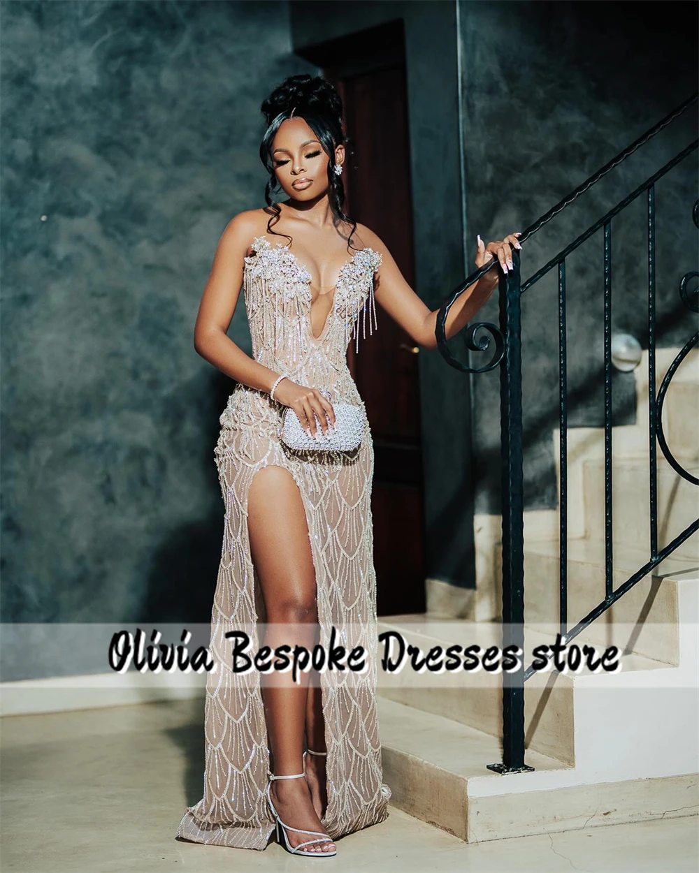 Strapless Ebi Style Rhinestones Prom Dresses High Split Luxury Gowns Elegant Evening Dress Wedding Party Mermaid Customized