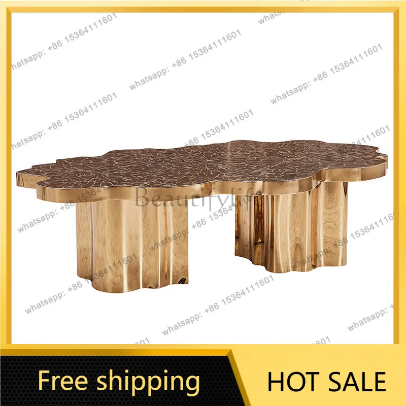 LS  Light Luxury Stainless Steel Coffee Table Special-shaped Tree Root Annual Ring Creative Club Large Living Room Tea Table