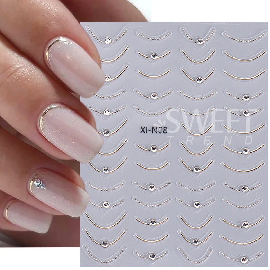 Metallic French Stripe Line Nail Sticker 3D Crystal Rhinestone Gold Silver Smile Line Simple Adhesive Slider DIY Nail Decoration