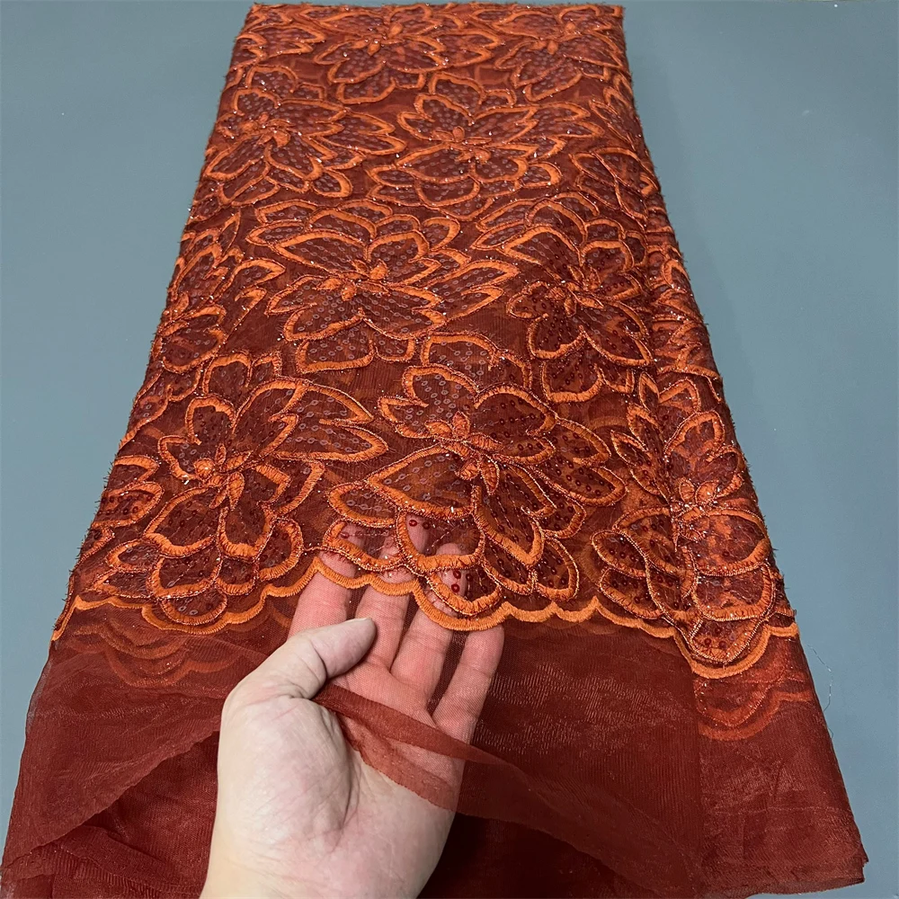 

African Nigerian Latest 2025 Guipure Embroidery Sequins Tulle Lace Fabric High Quality for Sewing Dresses 5Yards ZJ104