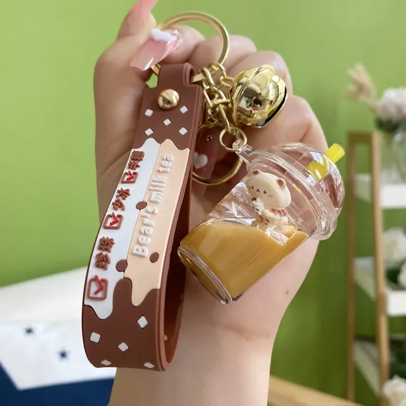 Cartoon Into Oild Pearl Milk Tea Bear Floating Liquid Keychain for Girl Bag Pendant Cute Mug Drink Bottle Keyring Key Charm Gift