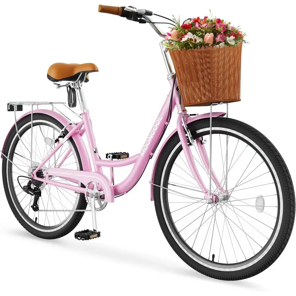 

Women's 24-26 Inch Comfort Cruiser Bike with Rattan Basket and Rack, Ideal for City Commuting and Leisure Rides
