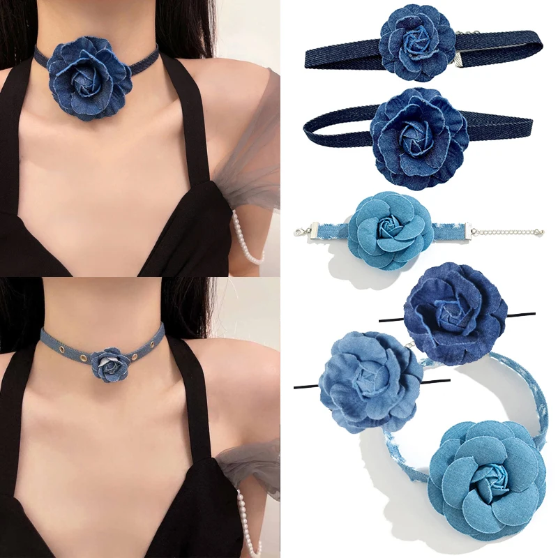 Sexy Cloth Choker Tie Cravat Flower Choker for Women Blue Flower Collar Choker Necklace for Girls Accessories for Teen