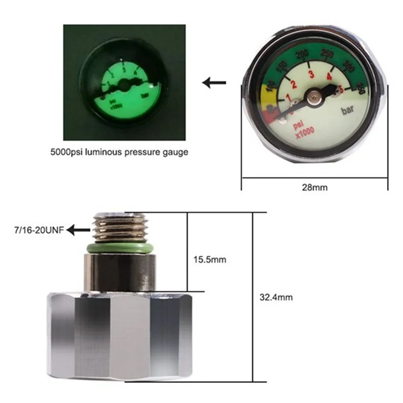 2Pcs Scuba Diving Pony Bottle Pressure Gauge 1 Inch Face 350 BAR/5000 PSI 7/16Inch-20UNF Threads HOT