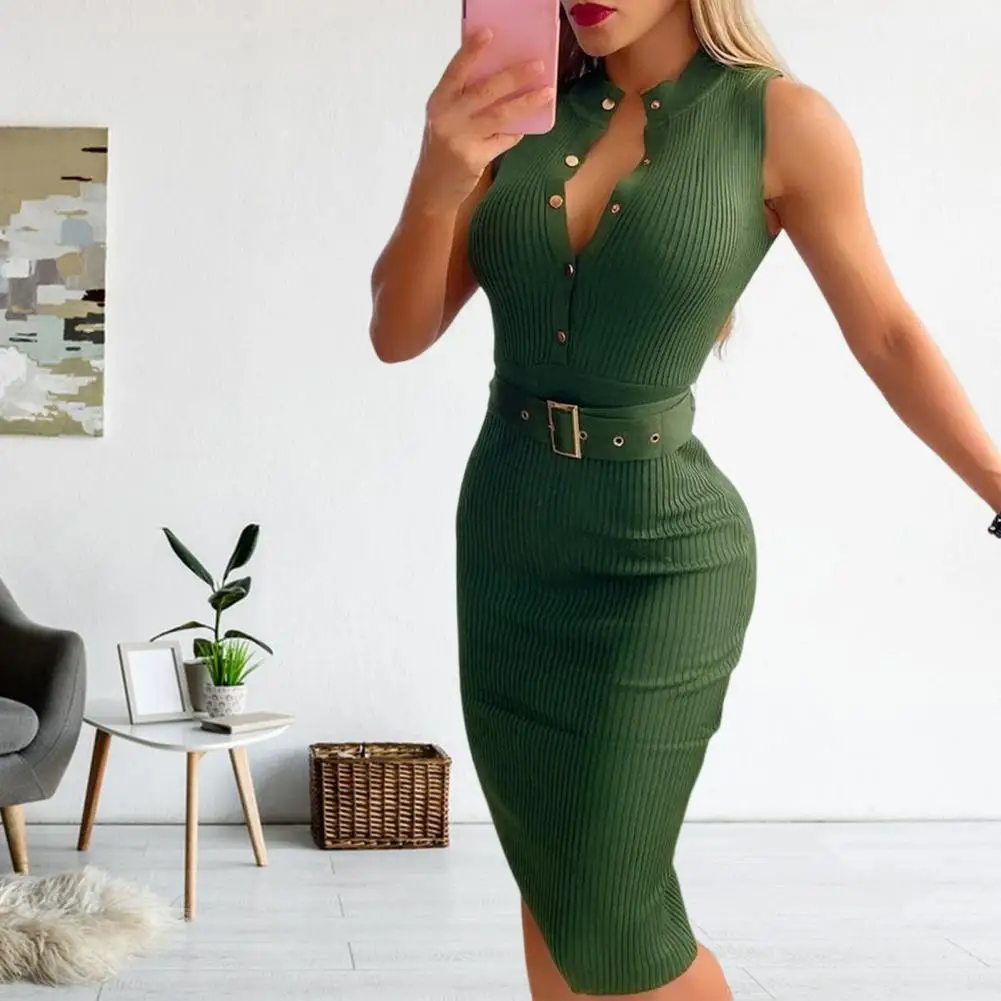 

Women High Elasticity Dress Elegant Women's Slim Fit Belted Office Midi Dress with Stand Collar V Neck Professional for Work