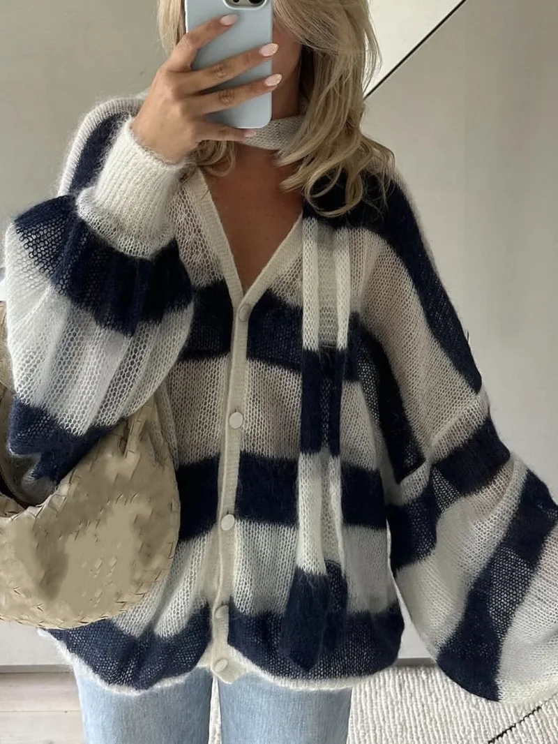 Fashion Lazy Warm Cardigans Female Tops 2024 Autumn Winter Loose Lazy Striped Sweater Cardigan with Scarf Women Sweater Coats