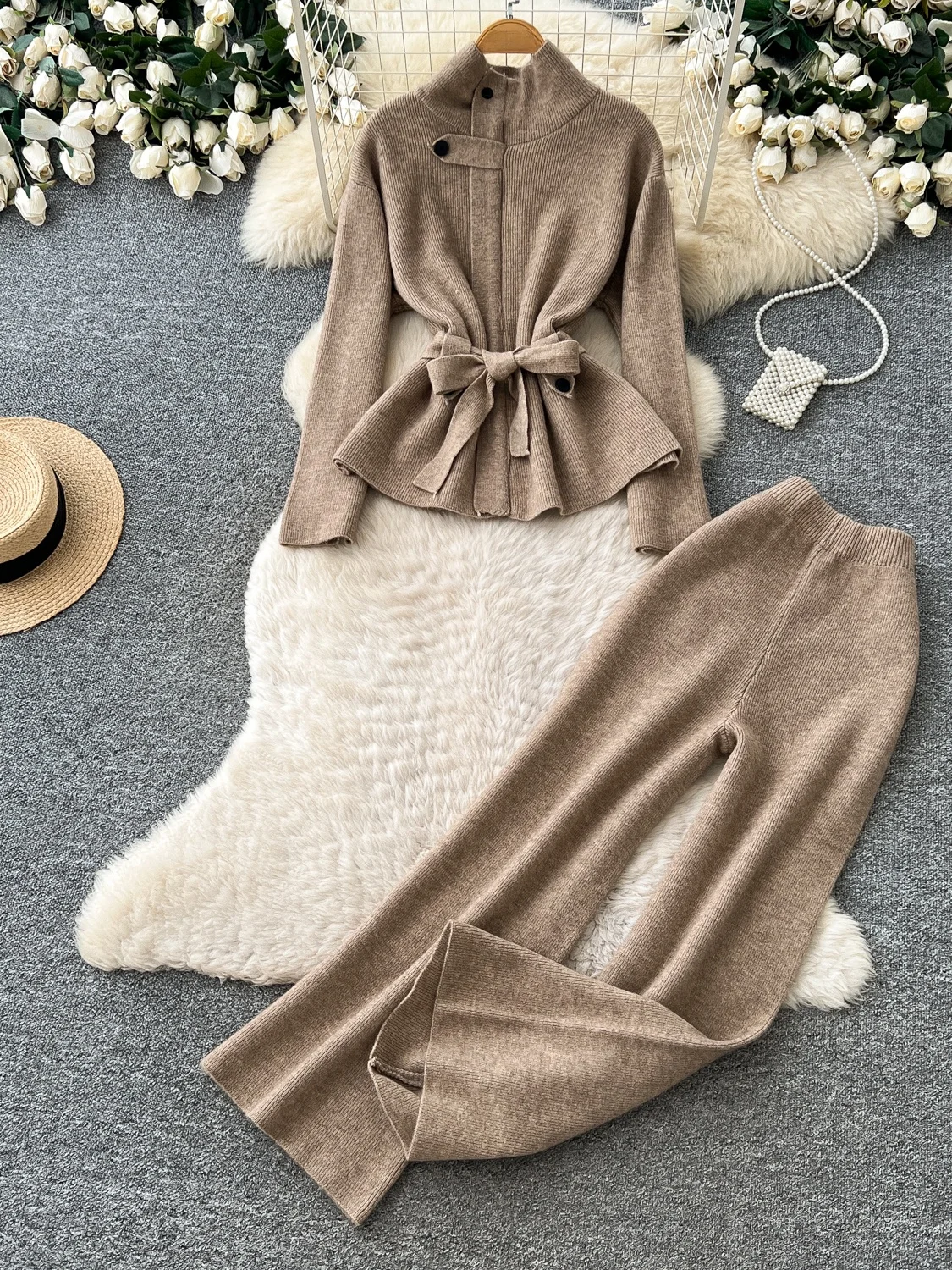 Ladies Knitted Sweater Set High Collar Slim Fit Commute Style Two Piece Autumn Fashion Ensemble Waist Cinched Long Sleeve