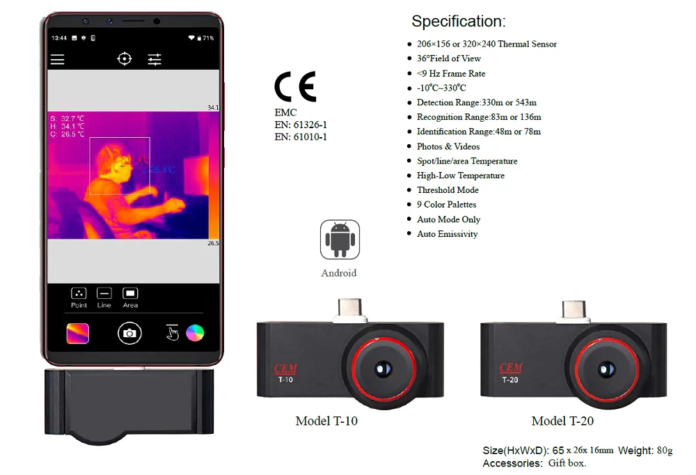 CEM T-10 적외선 휴대폰 카메라 USB 광학 열화상 IR 저렴한 가격 안드로이드 열화상 카메라 중국 브랜드