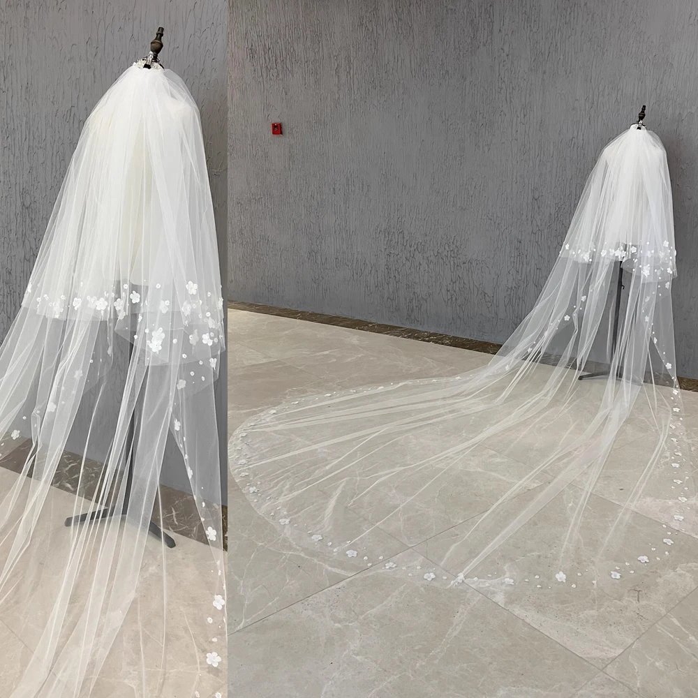 

2T Wedding Veil 3D Flowers Long Bridal Veils Pearls Bride Veil Customized