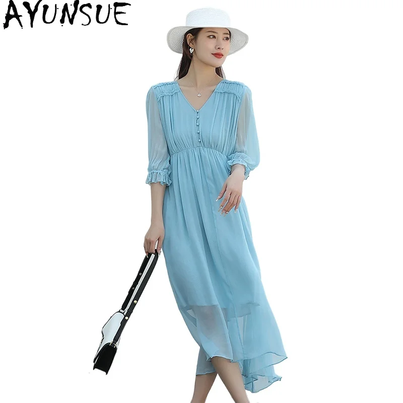 

AYUNSUE 100% Real Mulberry Silk Dresses Summer 2024 Woman Elegant Fairy Long Dress High Quality Women Clothing Платье Женское