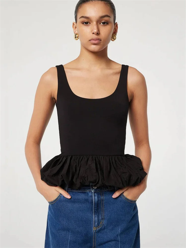 Tossy Black Ruffled Patchwork Tank Top Pullover Female Backless Solid Fashion Elegant Sleeveless Slim Vest Y2k Top Women Summer