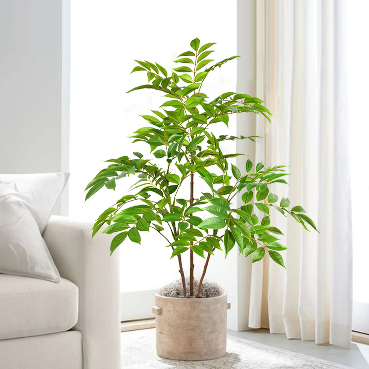 76-140cm（55in）Artificial Ficus Tree Branch Fake Lacquer Tree Plastic Banyan Plants Green Tall Palm Leaves For Home Garden Decor