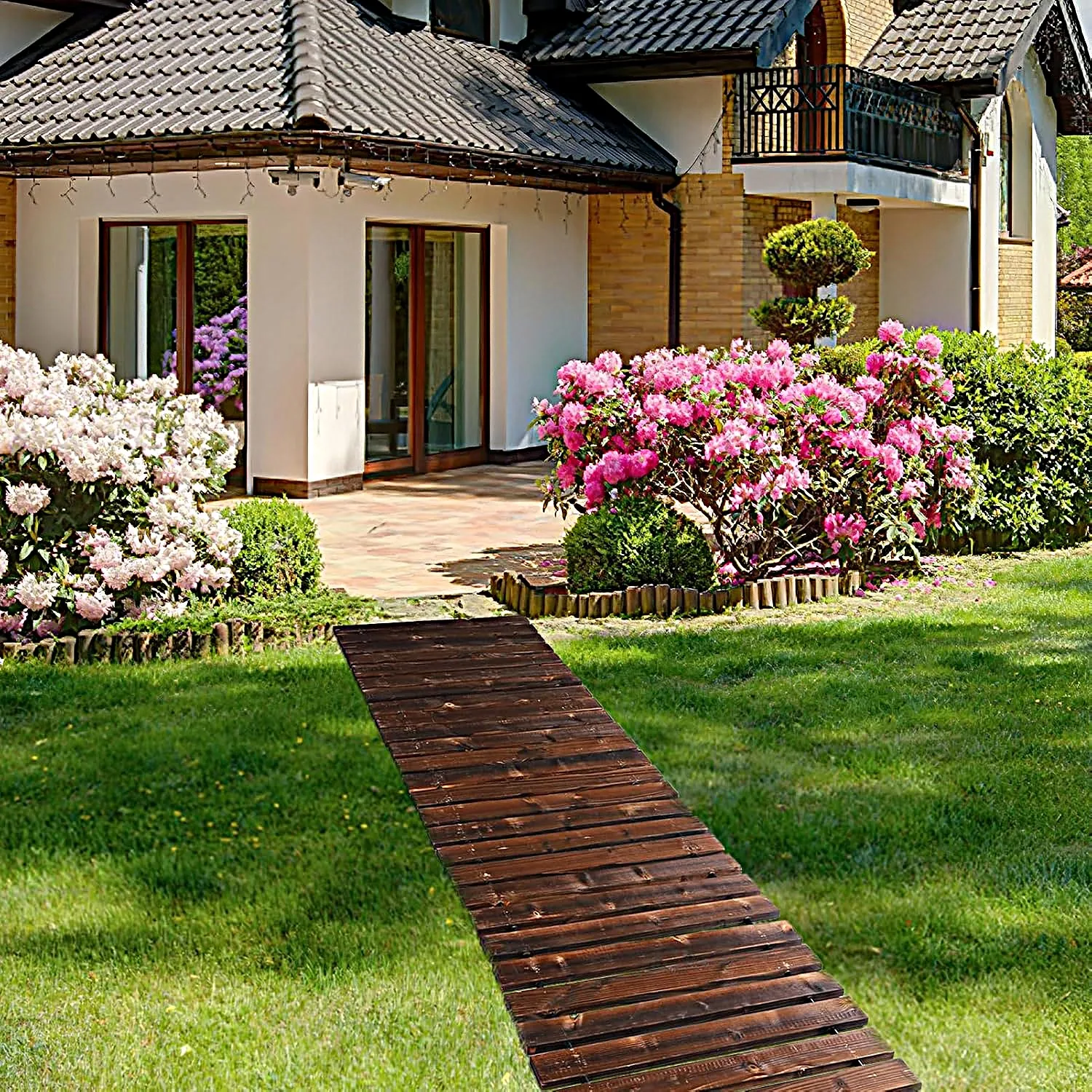 Boardwalk Pathway Pavers for Outsi 8.2 Ft Wooden Garden Pathway - Weather Resistant Carbonized Pine Roll Out Decorative Walkway