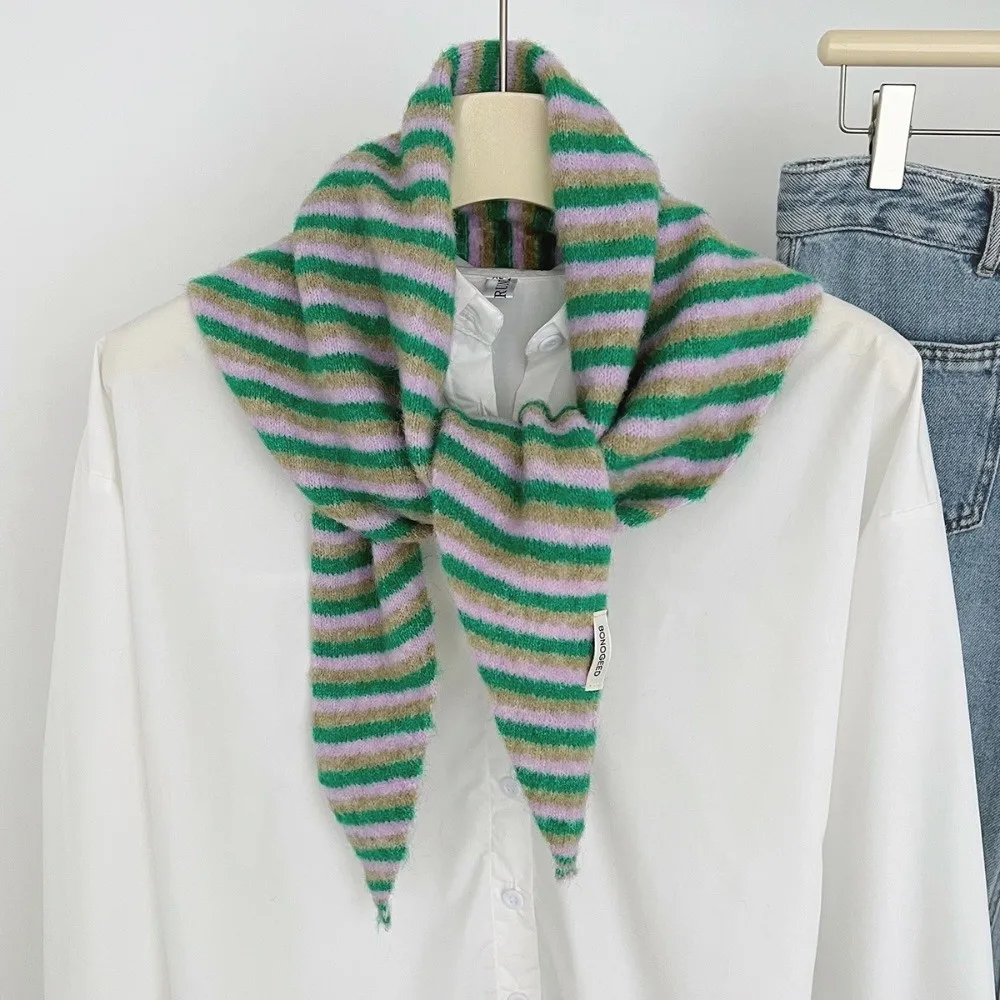 Fashion Warm Knitted Triangle Scarf Lightweight Striped Pattern Stripe Shoulder Shawl Wool Shawl Scarf Women