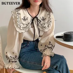 BGTEEVER Fashion Ruffled Collar Embroidery Printed Female Shirts Tops Spring Long Sleeve Single-breasted Women