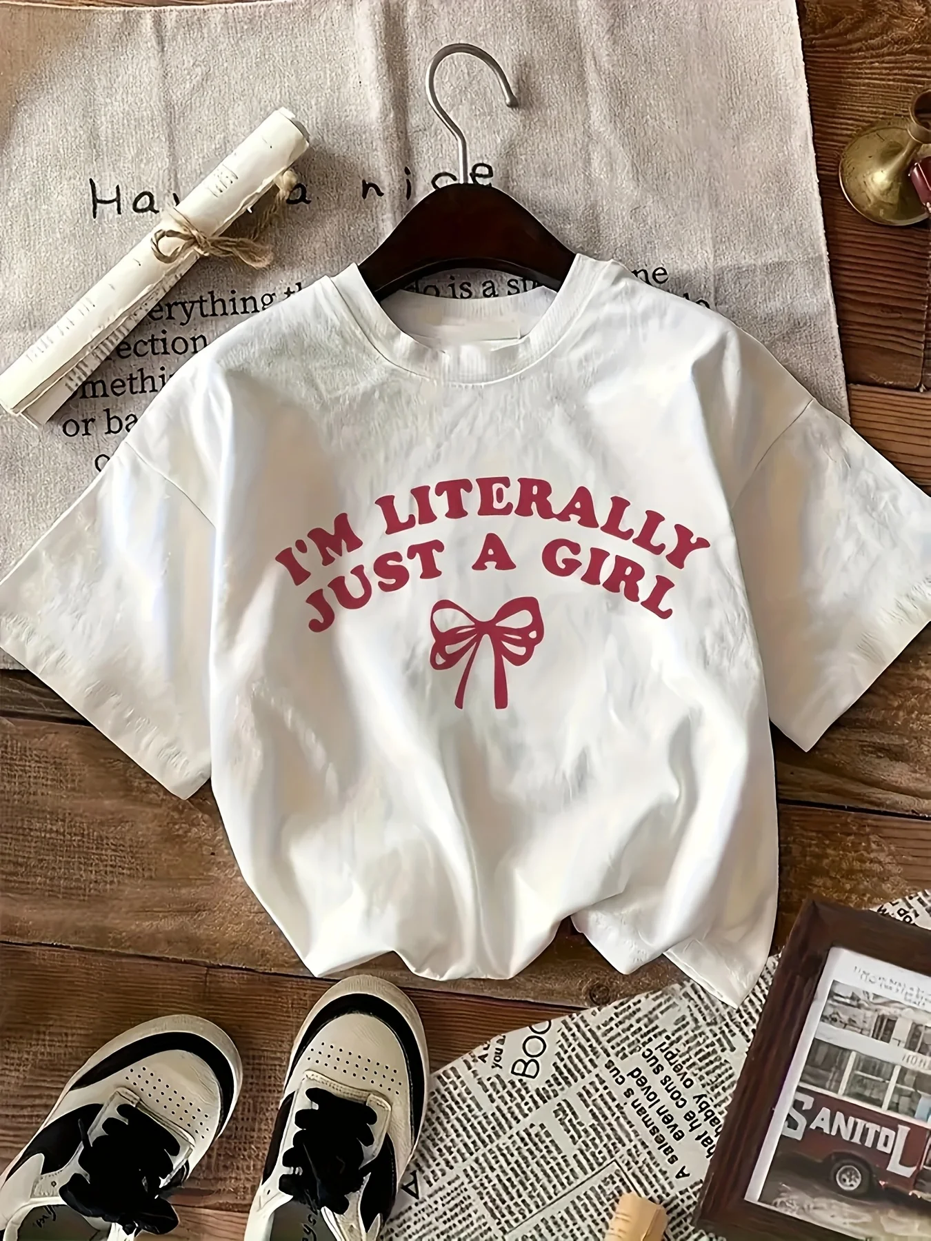 

Women's Graphic Tee - "I'm Just A " Print with Red Bow Design Harajuku Sleeve Casual Clothing Street Tops Tees Aesthetic Clothes