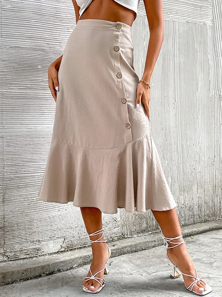 Summer 2022 New Women's Midi Skirt Solid Color High Waist Cotton Linen Fashion All Match Chic Skirt For Female