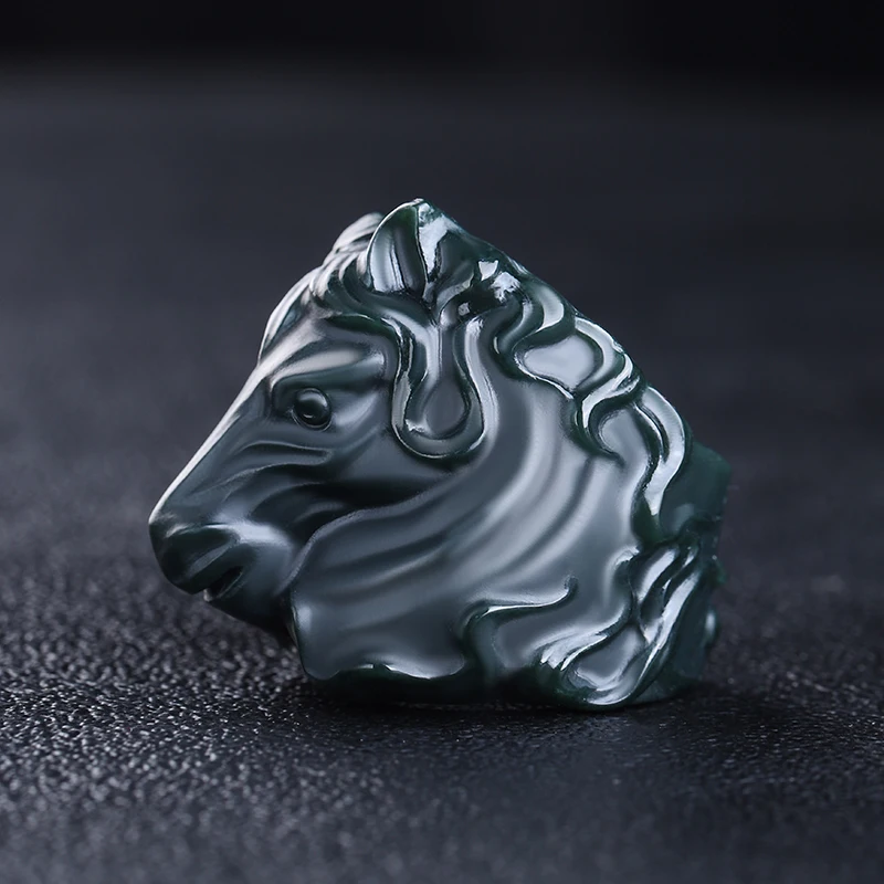 Natural Xin Jiang He Tian Cyan Jade Zodiac Horse Head Ring Men's Domineering Personality Fashion Accessories Holiday Party Gift