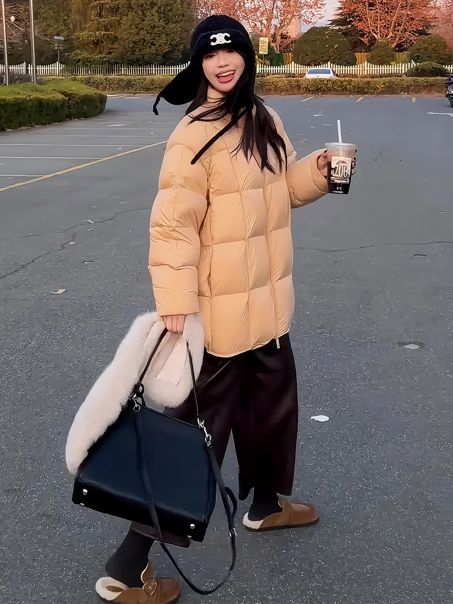 

Утепленное пуховое пальто средней длины свободного кроя в корейском стиле с воротником-стойкой, теплое, белое, для женщин, зимняя верхняя одежда