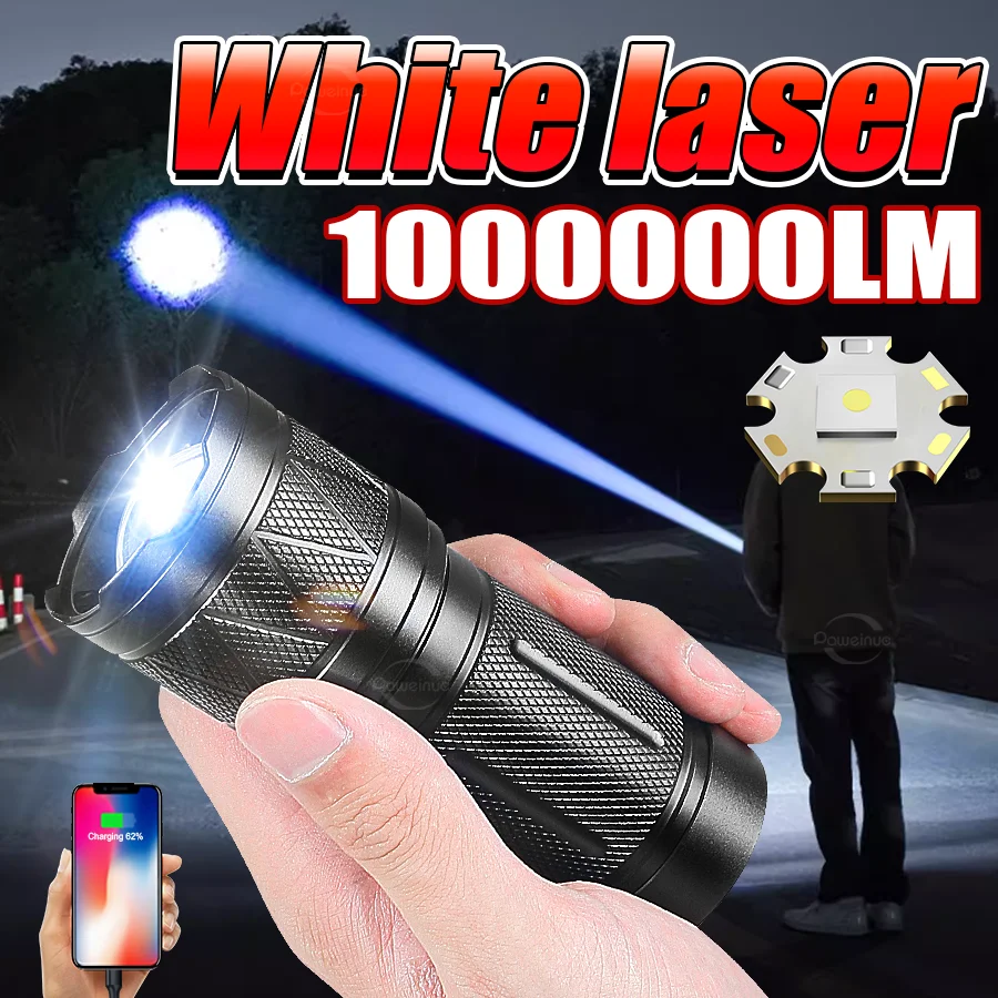 

White Laser High Power LED Flashlight Aluminum Alloy Powerful Rechargeable 12000mAh Lantern Outdoor Camping Hiking Torch Light