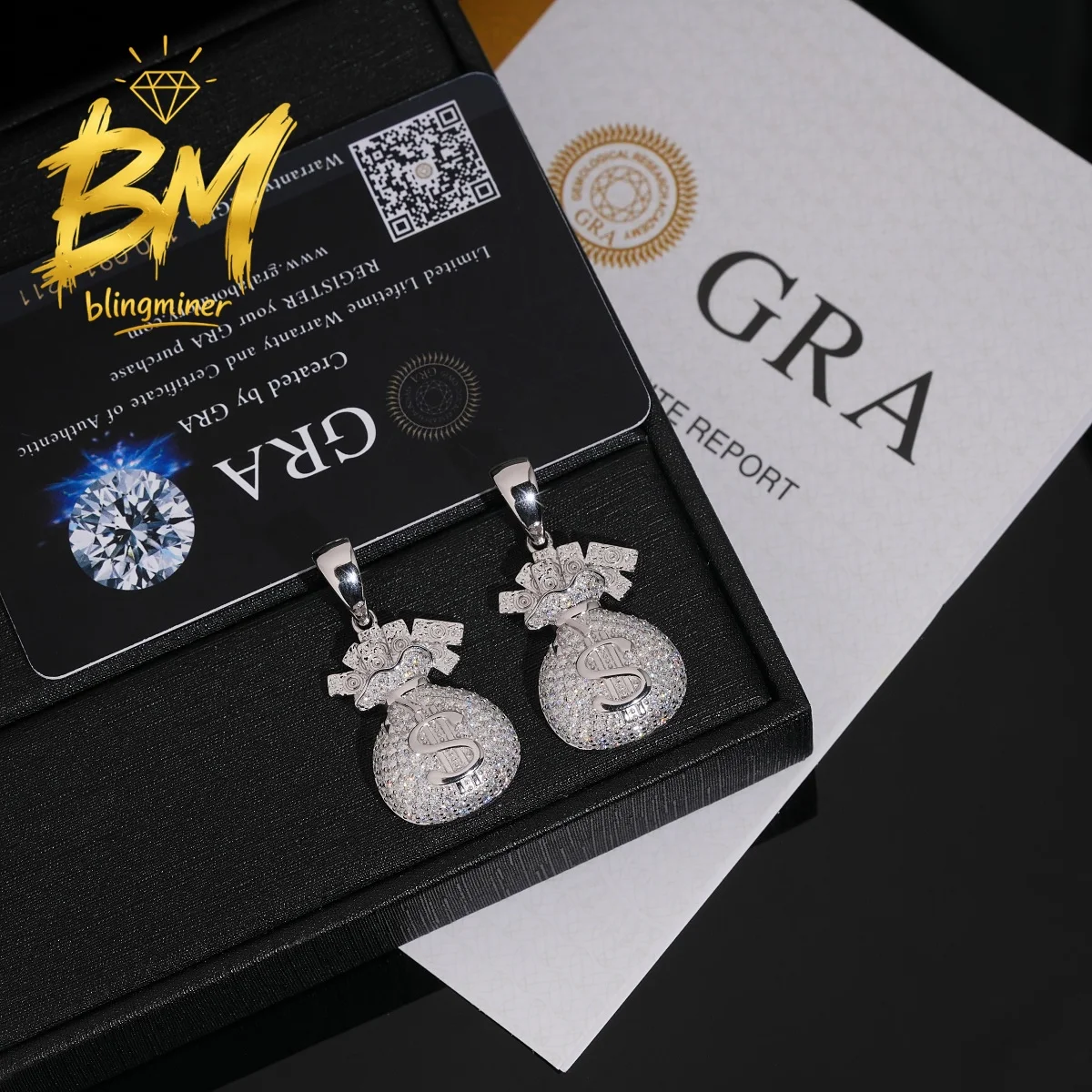 Blingminer Iced Out Money BagVVS Moissanite Pendant For Men Women S925 Silver Pendants Jewelry Pass Diamonds Tester Free Shippin