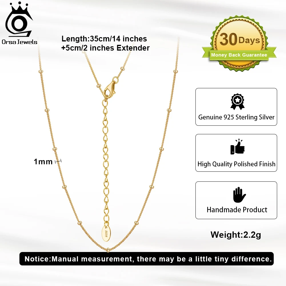 ORSA JEWELS 14K Gold Plated 925 Sterling Silver Bead Side Chain Necklace Dainty Trendy Women's Basic Neck Chain Jewelry SC65