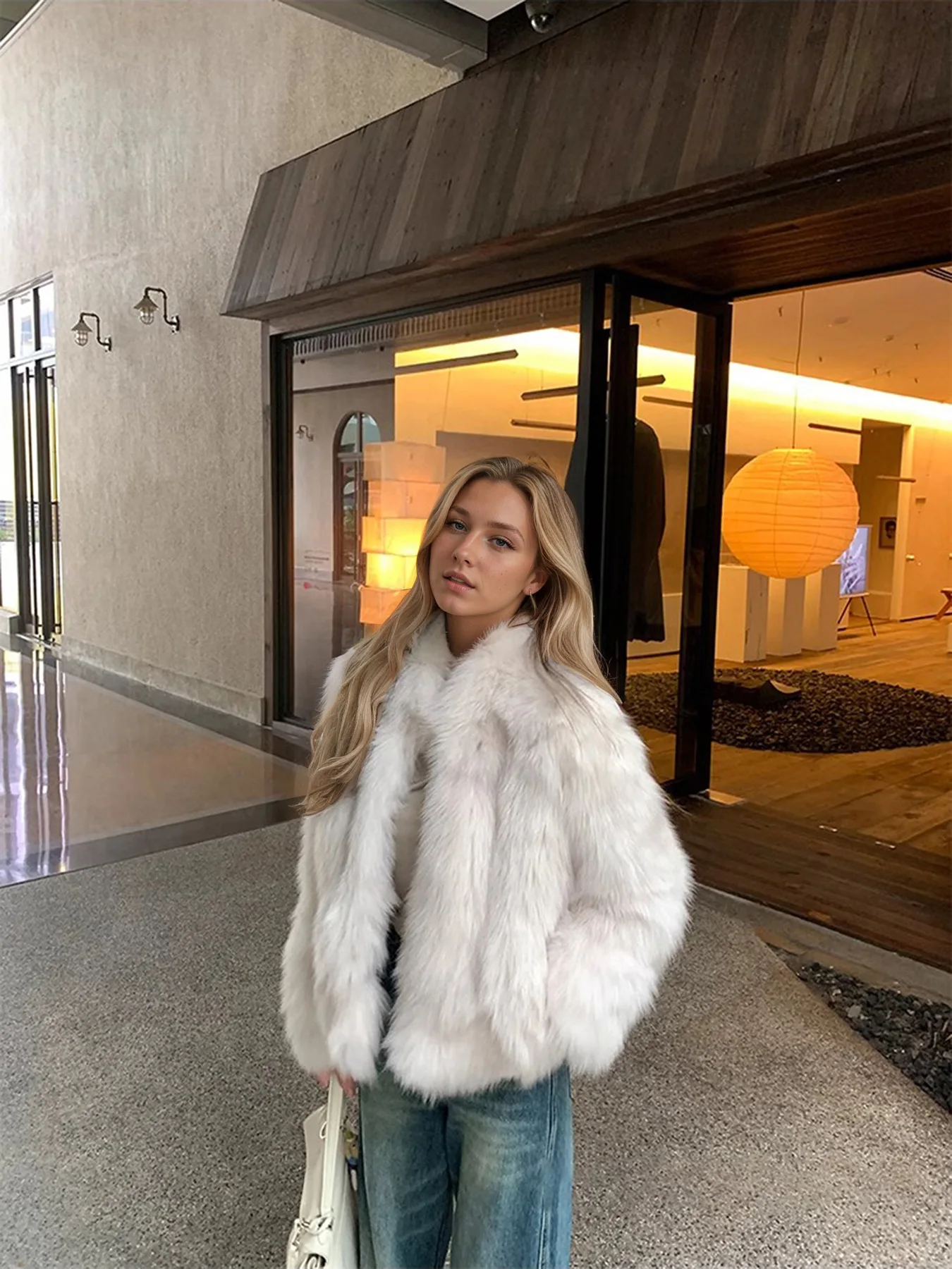 Faux Fox Fur Short Women Coats Solid Jackets Thick Long Sleeve Stand Collar Covered Button Straight Casual 2025 Autumn Winter