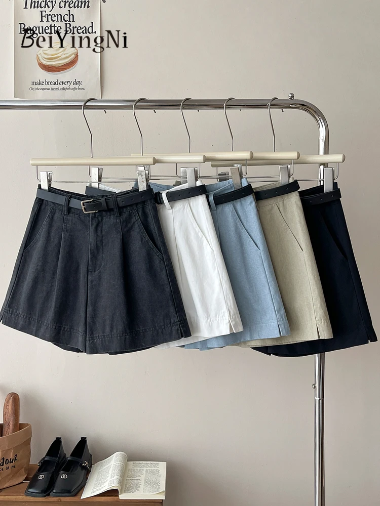 Beiyingni Korean Women High Waist Shorts With Belt Elegant Cotton Linen Casual Slim Female Shorts White Street Short Cargo Pants
