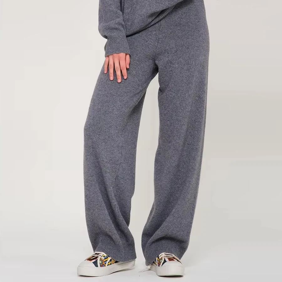 Women Knitted Casual Pants Autumn Winter High Waist Draped Cashmere Loose Straight Leg Knitted Pants Slimming Wide Leg Casual