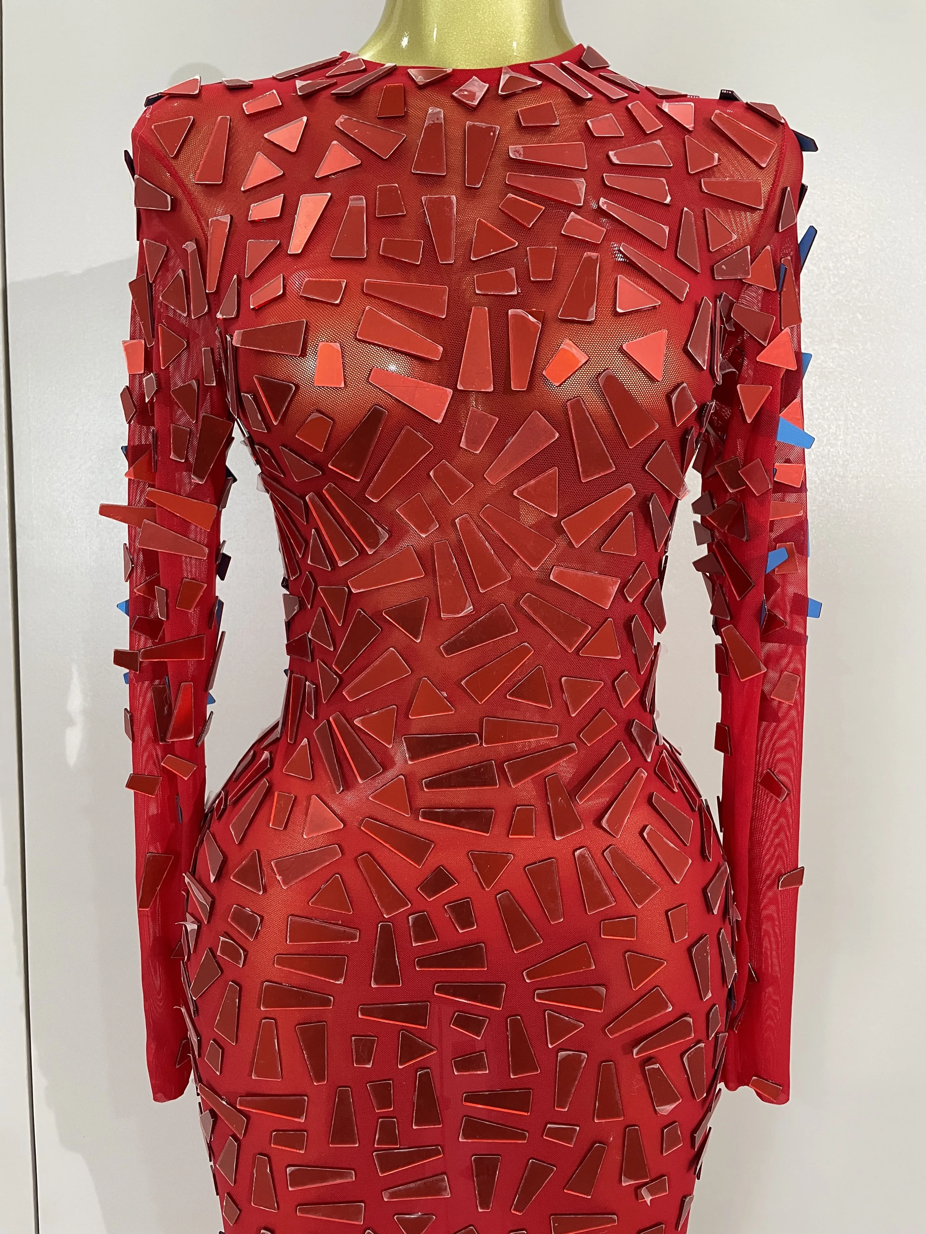 Vestido de cumpleaños de lujo con lentejuelas brillantes, vestido largo elástico transparente de malla roja, ropa para celebrar la boda, noche, graduación, disfraz de escenario para Club