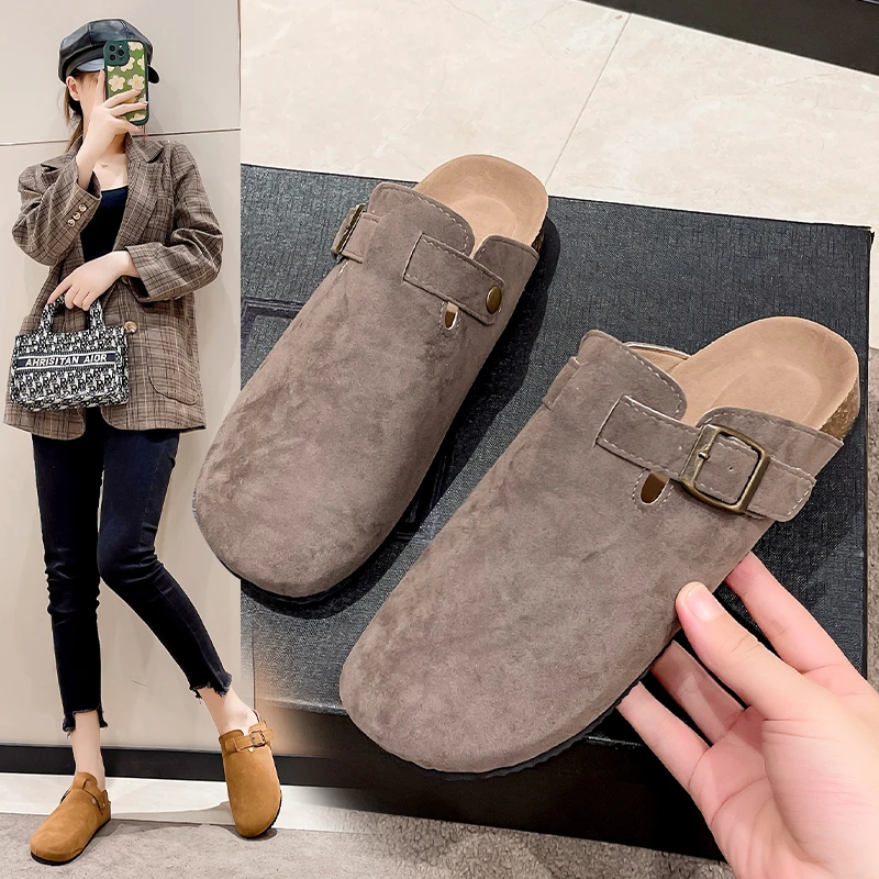 2024 New Autumn Winter Size 45 Mules Modern Sandals Buckle Shoes Strap Concise Retro Outside Flat with Women\'s Slippers Zapatos