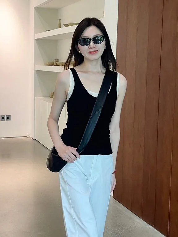 

LUHAN 00% Yangzhou Wool 8 Needle Bla White Color Blo Knitted Two-Piece Strap Vest Commute Sle Regular Length Pure Color