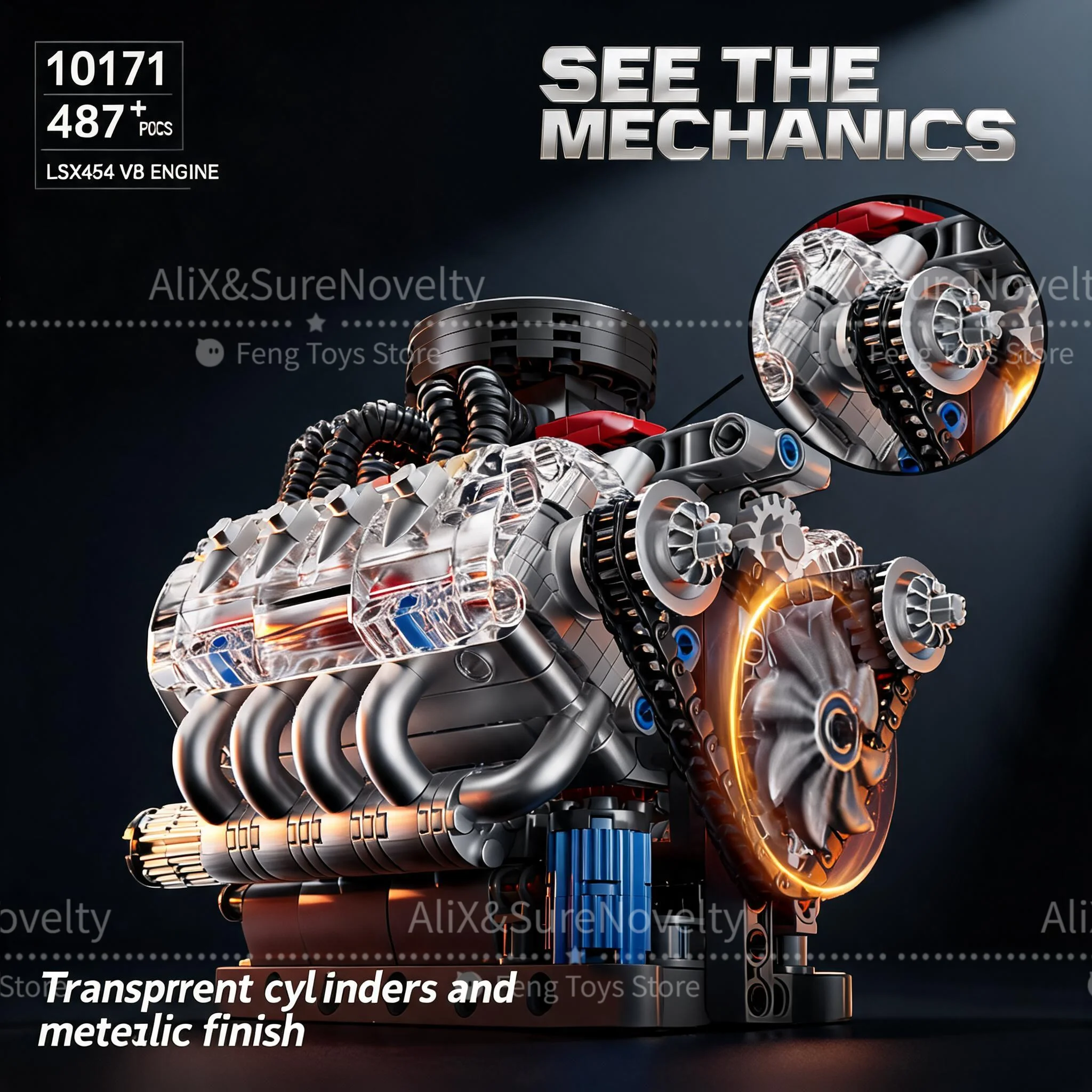 MOC V8 Engine Building Blocks Kit with Motor & Battery Box, Mechanical Linkage Model, STEM Educational Toy DIY Gift