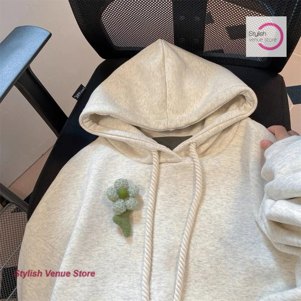 American retro design sense gray trend three-dimensional flower hooded sweater female autumn and winter Korean loose Joker coat