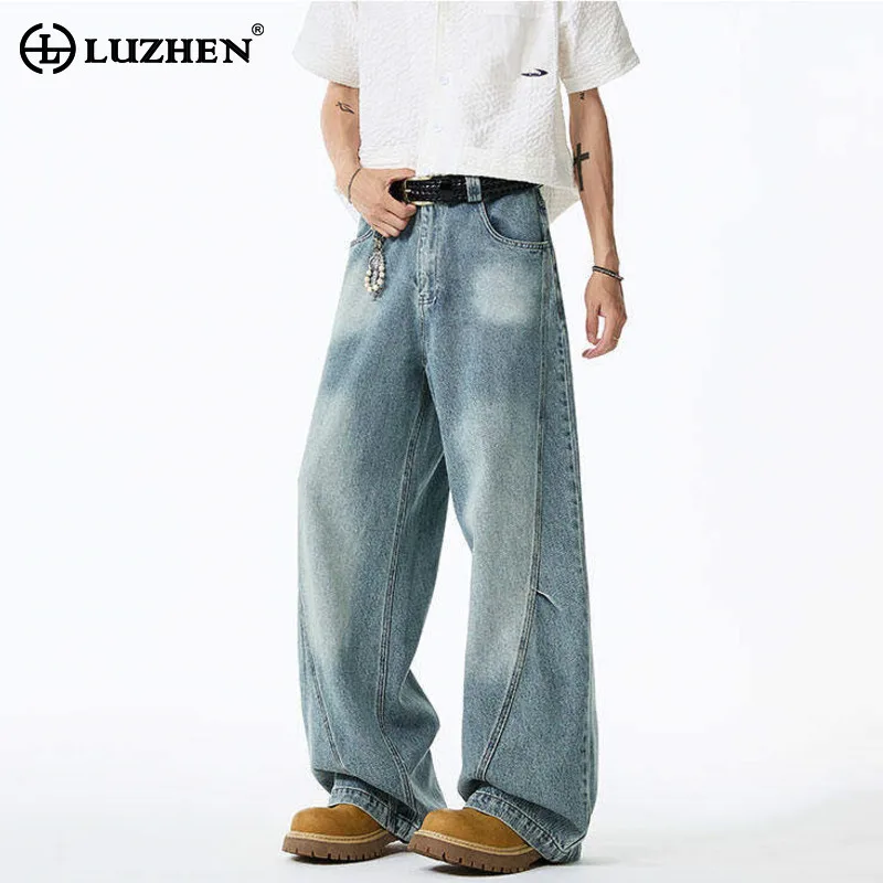 

LUZHEN Color Contrast Washed Loose Straight Casual Denim Pants Men's 2025 New High Quality Fashion Handsome Male Jeans JY3022