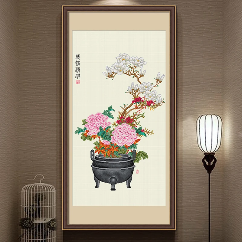 Spring cross stitch complete kit printed on fabric Chinese style peony bonsai DIY Handmade Embroidery Kit Home Wall Decoration ﻿