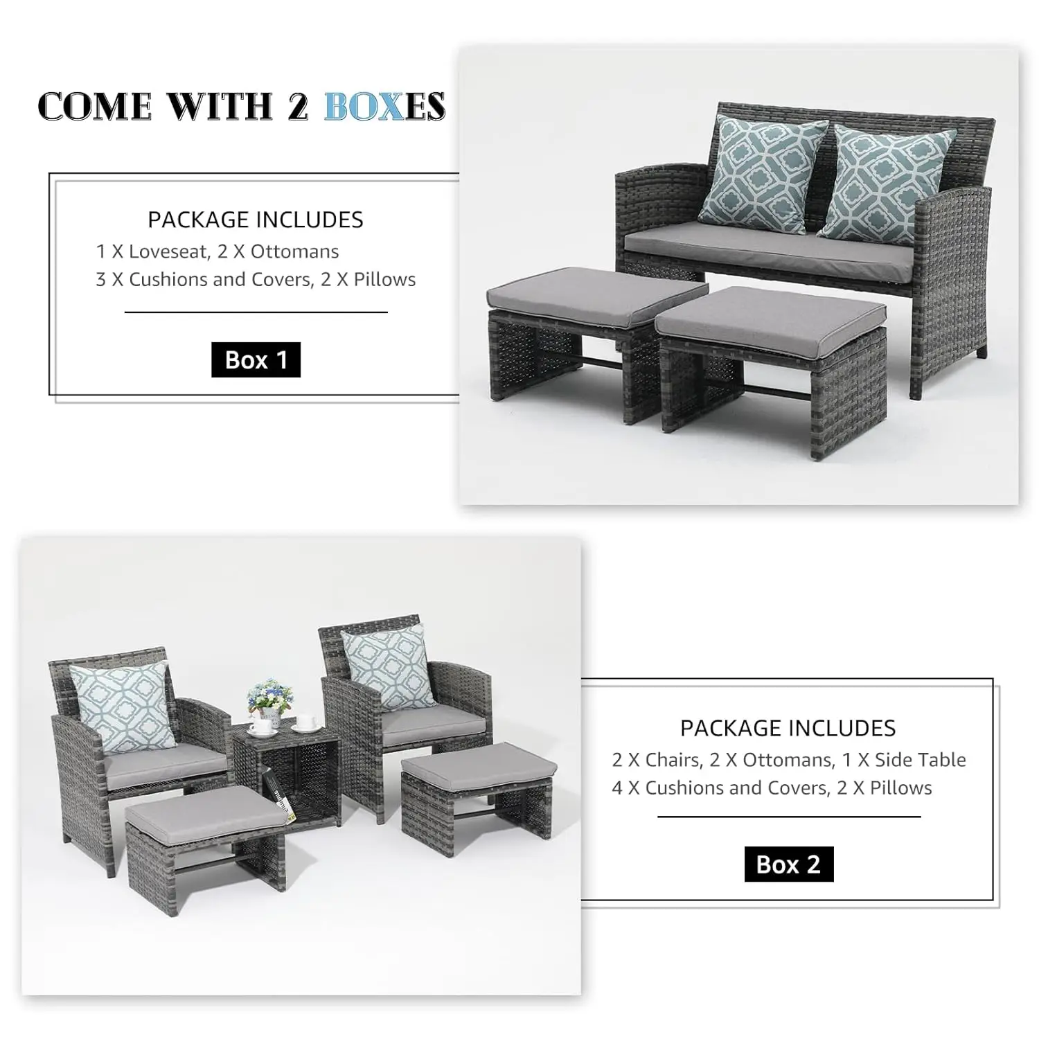 8pcs Patio Set All Weather Wicker Loveseat Chairs Ottoman Table Outdoor Grey Rattan Light Grey Cushion, Customized