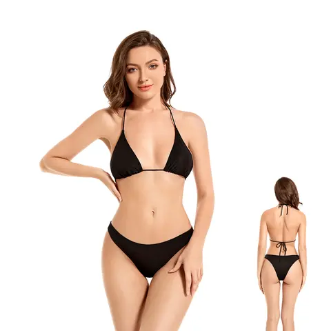 Volagor UV-Transmitting Halter Bikini Back Tie Triangle Top Two Piece Swimsuit Fixed Side Tanning Wear No Tan Lines