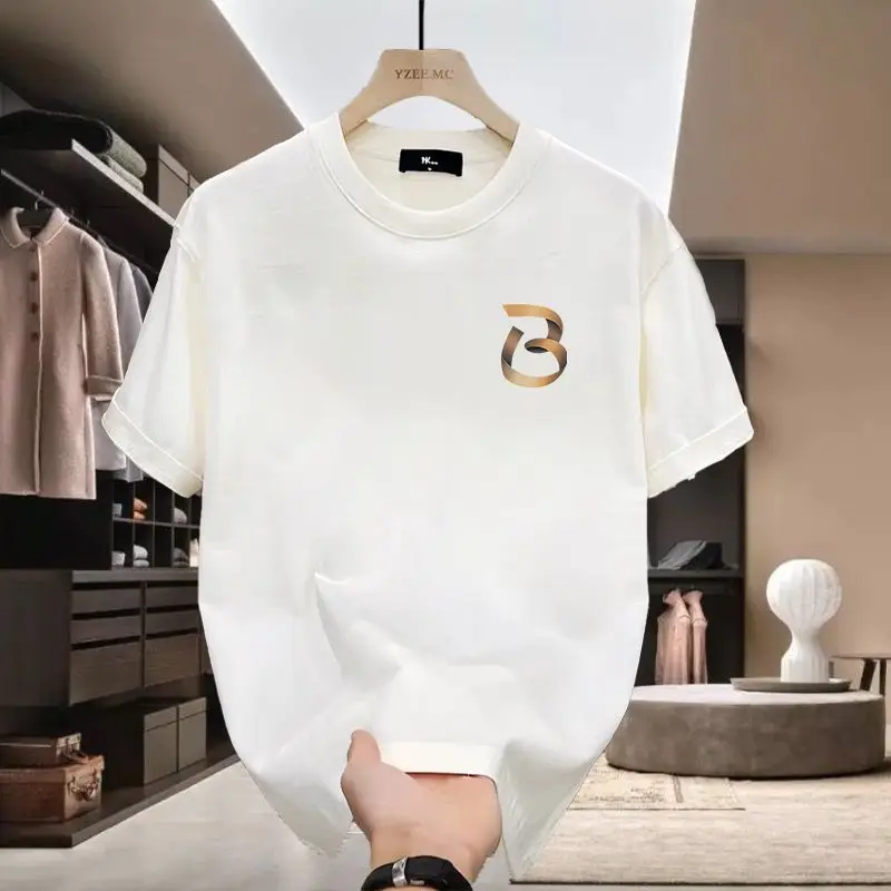 New Summer Pure Cotton T-shirt Short-sleeved High-quality Men Minimalist Design Drawing Printed Round Neck Fashion Trendy Brand