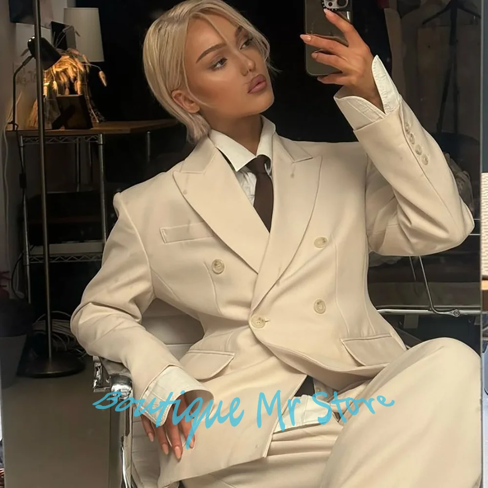 Chic Unisex Double-Breasted Women's Suit Modern 2Pieces Jacket+Pants Set Minimalist Streetwear Smart Wedding Party Guest Outfit