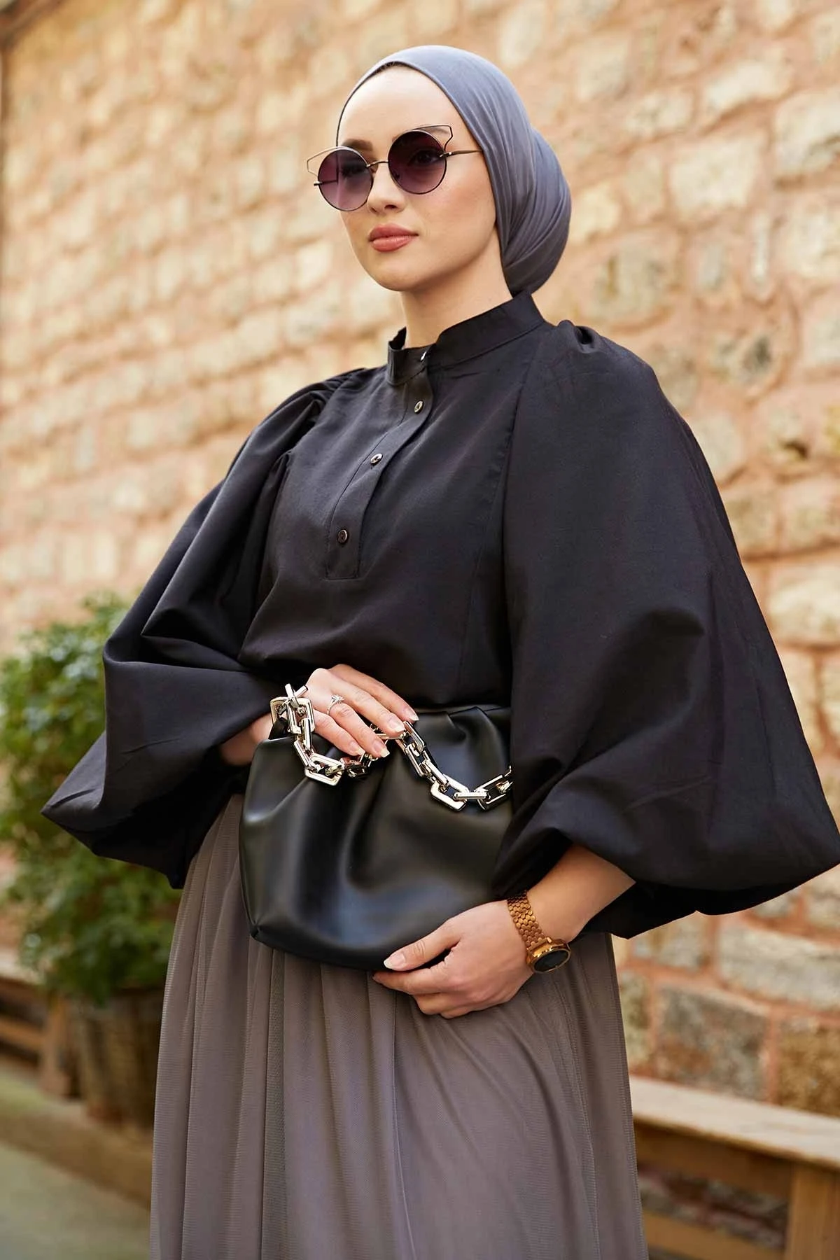 Balloon Sleeve Shirt E-Black Winter Autumn 2021 Muslim Women Hijab headscarf islamic Turkey