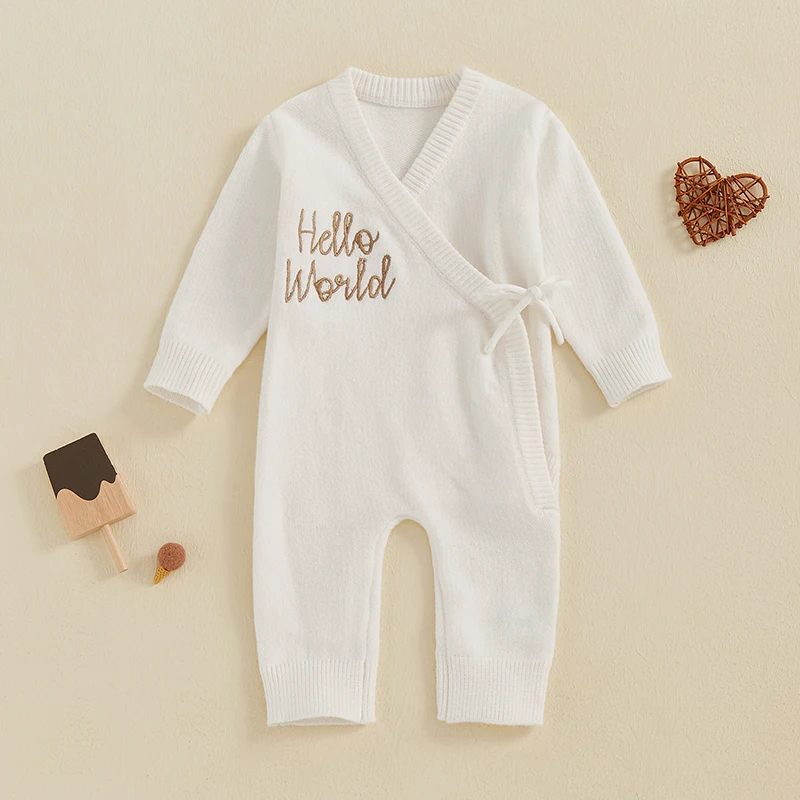 Infant Fall Knit Romper Letter Embroidery Long Sleeve Wrap V-Neck Full Length Sweater Jumpsuit