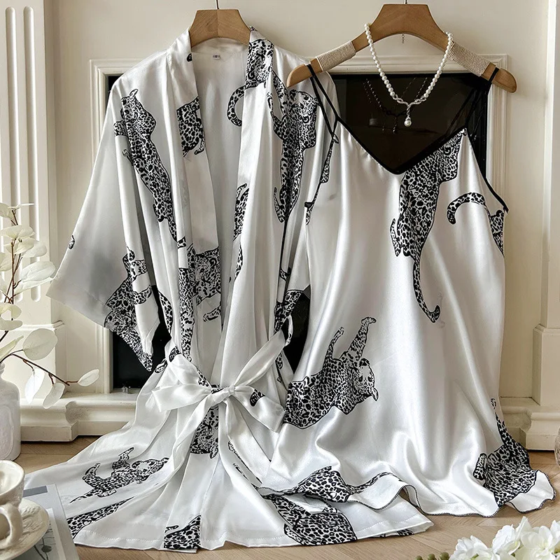 Ensemble de chemise de nuit pour femmes, ensemble pyjama Long semblable à la soie, col en v, Sexy, chemise de nuit et Robe deux pièces, tenue de maison